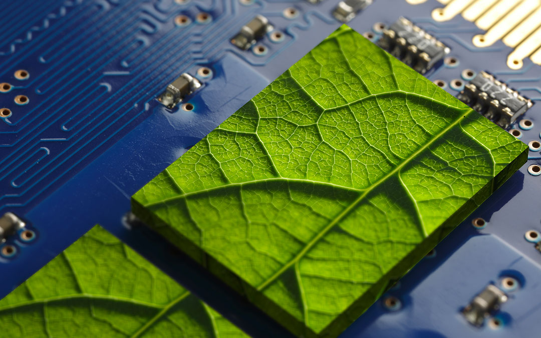 Photographie fictive d'un composant d'ordinateur à l'apparence d'une feuille