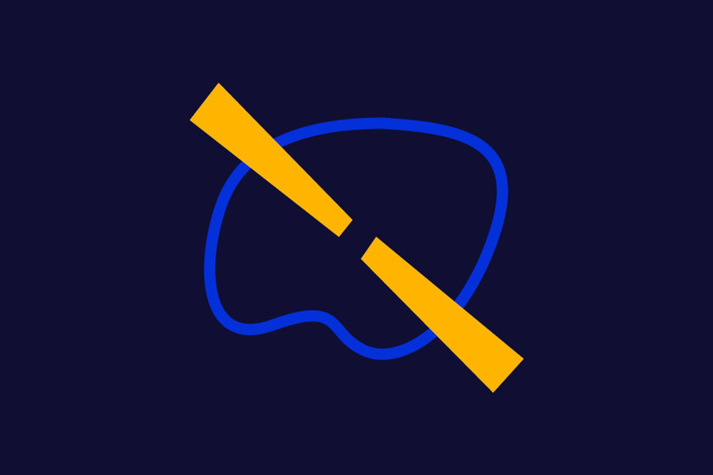 Image mise en avant - Cercle bleu déformé et traversé par deux rectangles jaunes